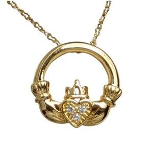 Claddagh Irish Heart Crystal Pendant Necklace Gold Plated